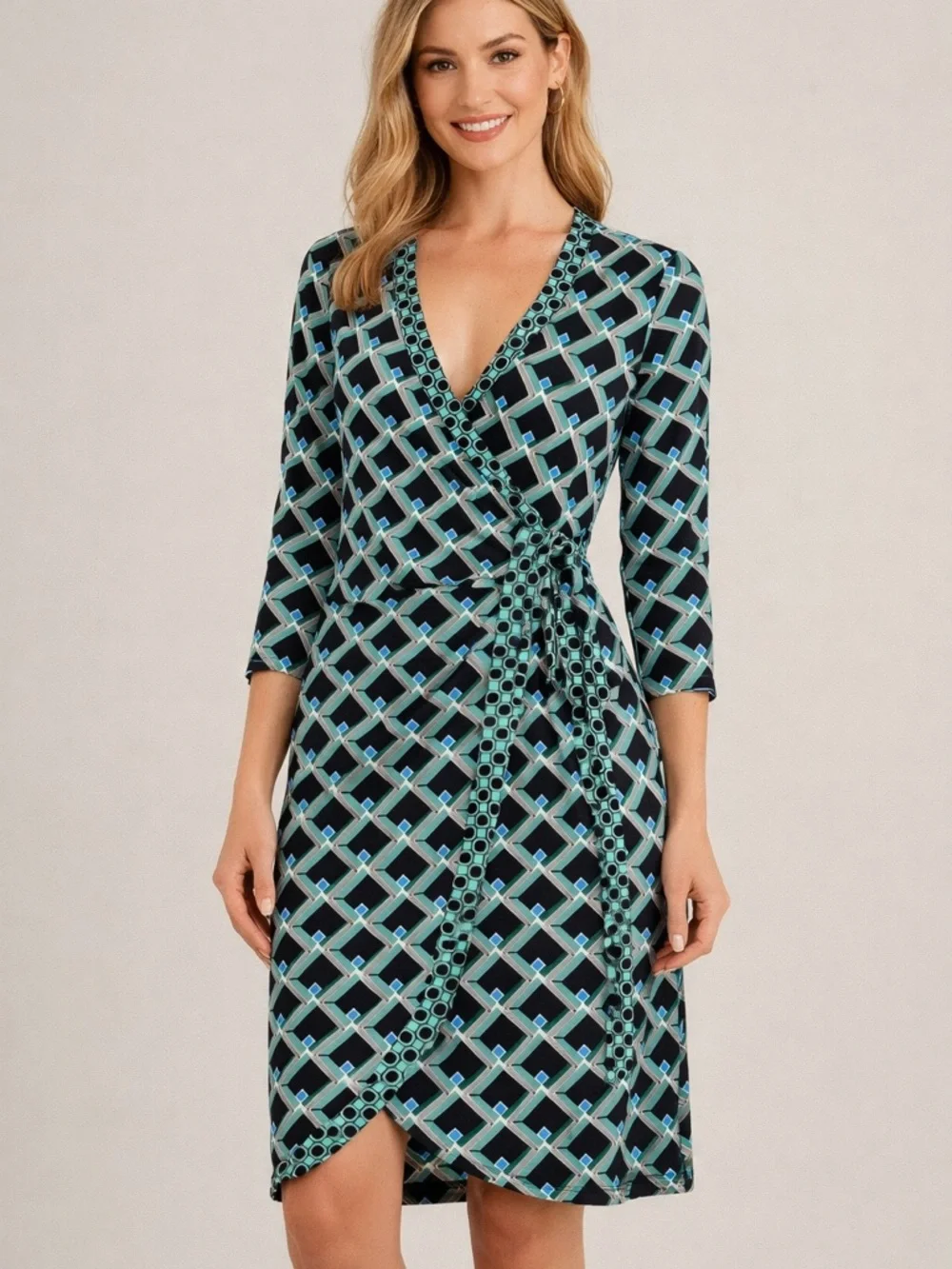 Anne Klein Black and Teal Geometric Wrap Dress - Picture 1 of 3